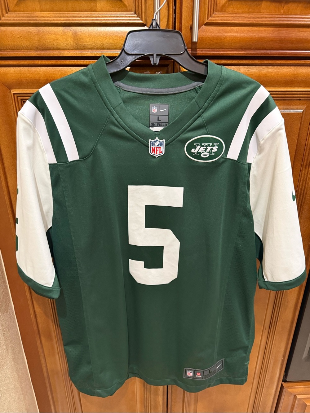 Nike-NY Jets Jersey #5, Size Large Man Authentic NFL On Field Label.